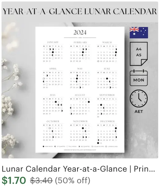 Year-at-a-glance Lunar Calendar 2024 Australia Time