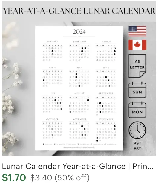 Year-at-a-glance Lunar Calendar 2024 US and Canada Time