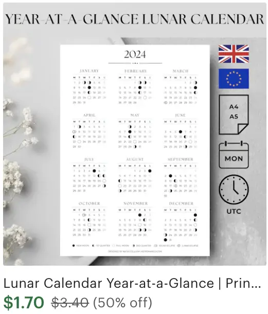 Year-at-a-glance Lunar Calendar 2024 UTC Time Europe and UK